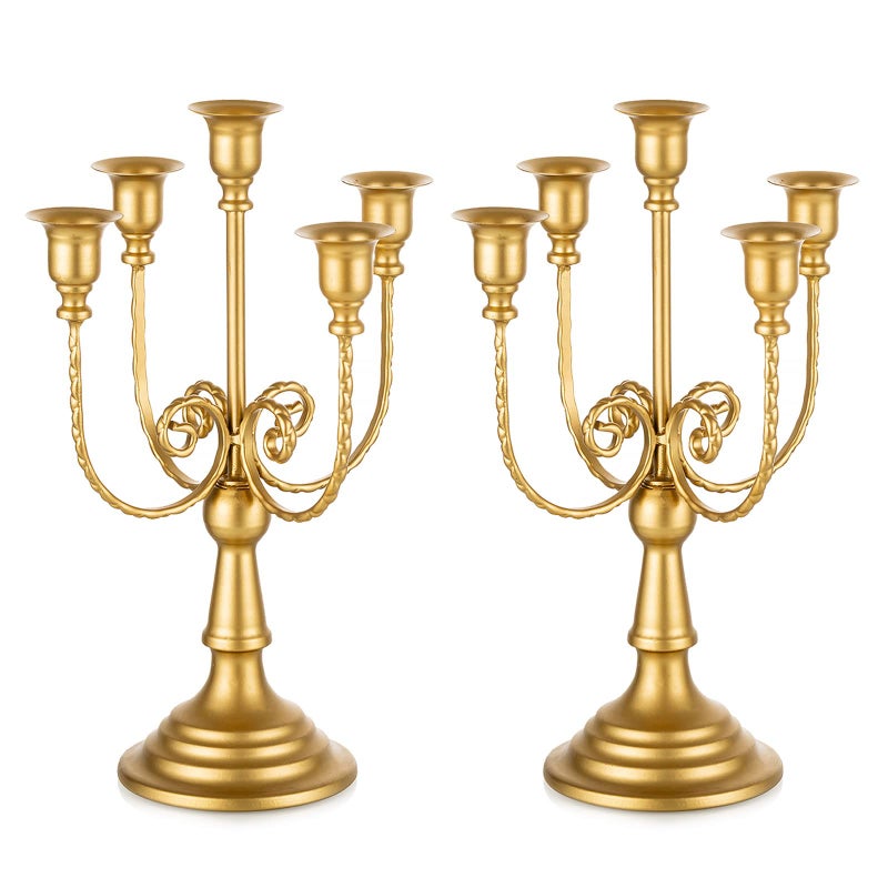 Romadedi Candelabra Gold Candle Holders - 5 Arm 11.8"" Wedding Candlestick Holder for Theme Party Table Centrepiece Decor Dining Room Birthday Holiday Christmas  Set of 2 - Image 1